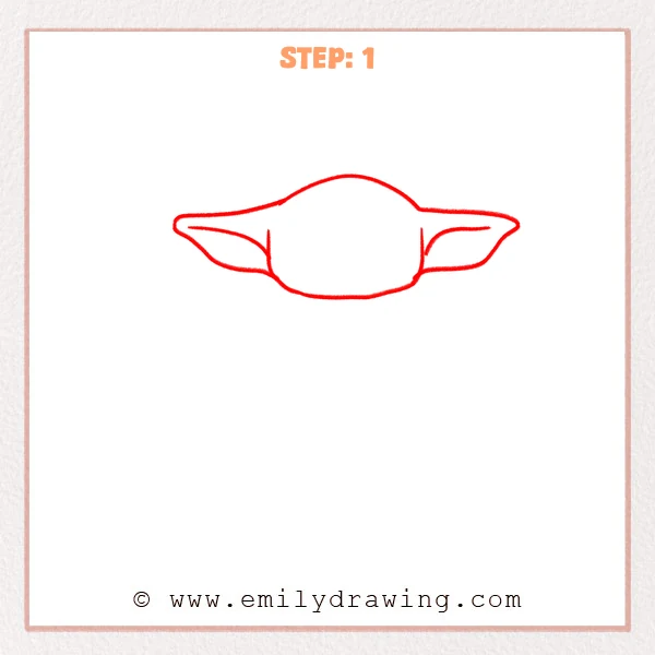 how to draw a baby yoda - Step 1: Baby Yoda head outline with long wide ears and simple inner ear lines.